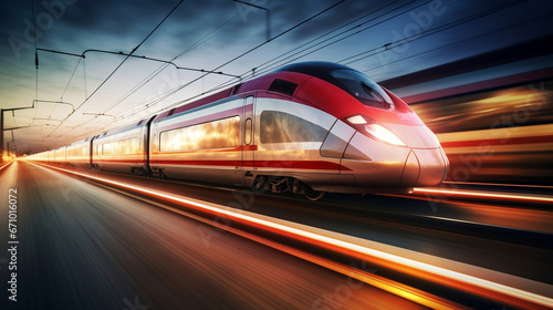 High speed train on blurred motion railway at sunset