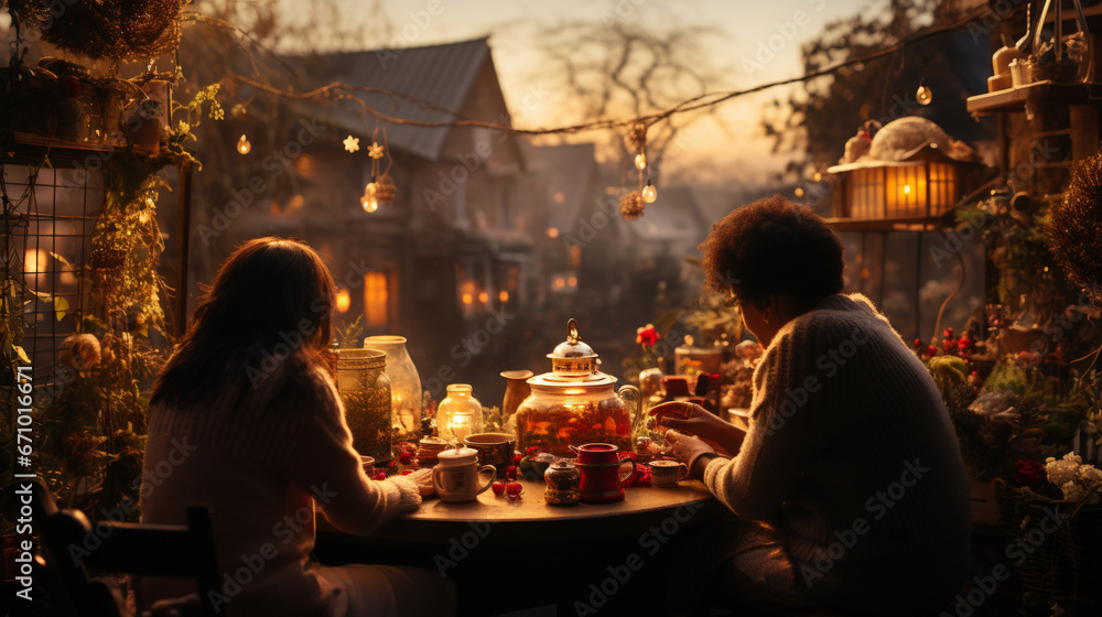 Couple in a cafe on Christmas evening against the background of a night decorated city