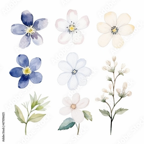 illustration of watercolor set of white small flowers in scandinavia  Generative ai
