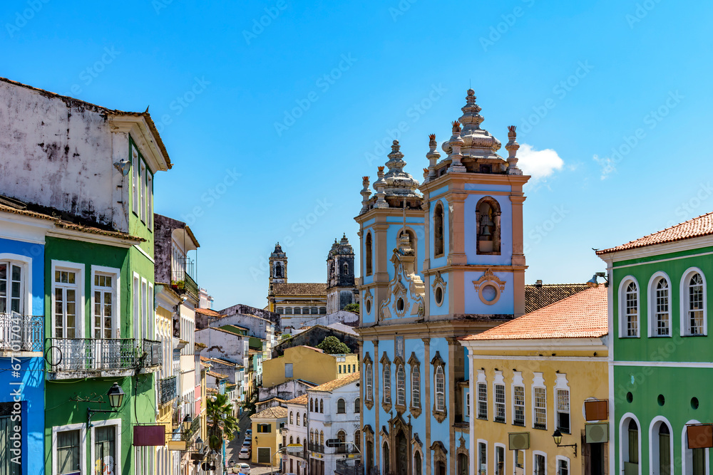 Historic neighborhood of Pelourinho in Salvador, Bahia with its streets, houses and churches