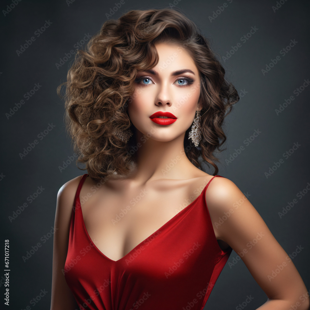 Atractive Woman in Red Mini Dress. Fashion Model in Cocktail Party Gown. Happy Beautiful Gil with Curly Hairstyle and Red Lip Makeup over dark Gray background Atractive Woman in Red Mini Dress. Fashion Model in Cocktail Party Gown. Happy Beautiful Gil with Curly Hairstyle and Red Lip Makeup over dark Gray background