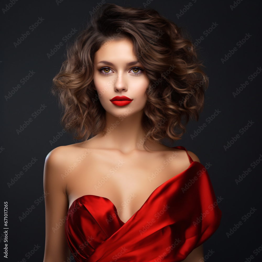 Atractive Woman in Red Mini Dress. Fashion Model in Cocktail Party Gown. Happy Beautiful Gil with Curly Hairstyle and Red Lip Makeup over dark Gray background - obrazy, fototapety, plakaty 
