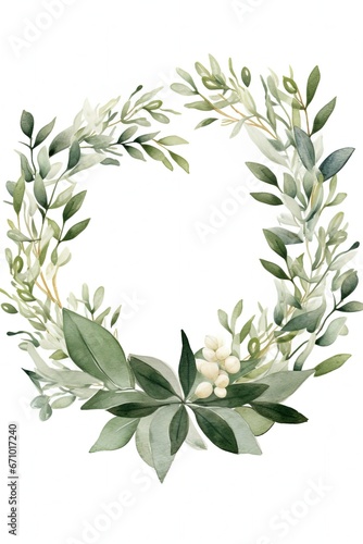 Green Plant and Herb Watercolor Wreath Illustration on White Background