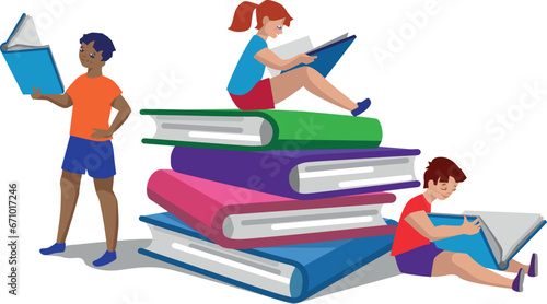 Kids reading on a huge pile of books. School education and knowledge concept. Vector Illustration, clip art, cartoon, drawing.