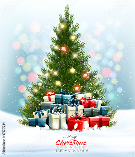 Christmas and New Year Vector Poster, Holiday background with a colorful presents.