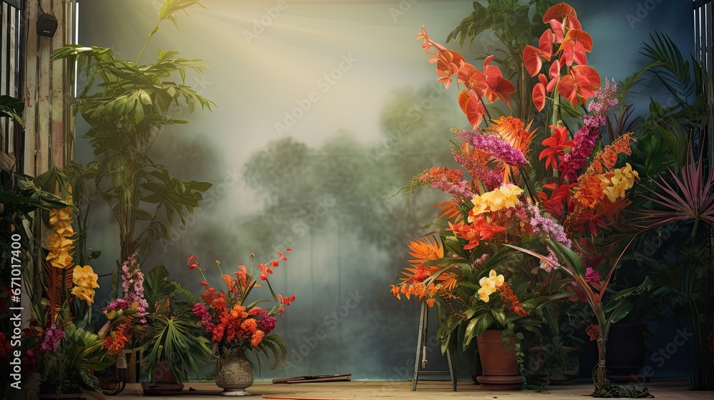 A nostalgic frame of tropical flowers against a vintage backdrop. 