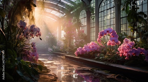 Dew-kissed enchanting pink-purple orchids in a tropical greenhouse. 
