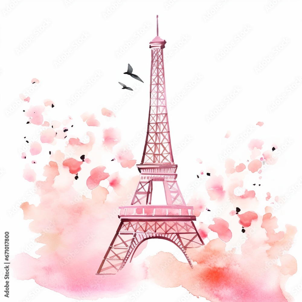 illustration of watercolor stylized cartoon eiffel tower in pink, Generative ai