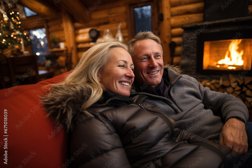Happy middle age couple sitting near a fireplace indoor winter forest cabin