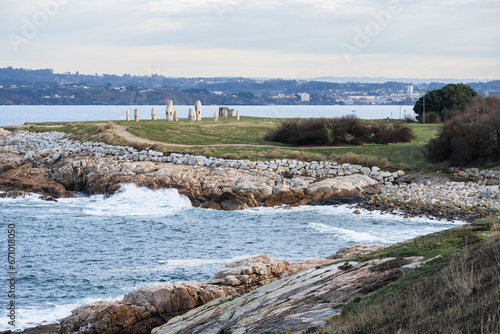 Cliff in park of the menhirs in Hercules Tower coast a Coruna, Galicia, Spain