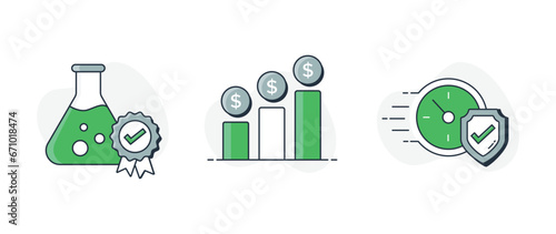A set of three icons that represent the high quality and testing standards of a product, the multiple tiers of savings available to customers, and the fast and secure checkout process.