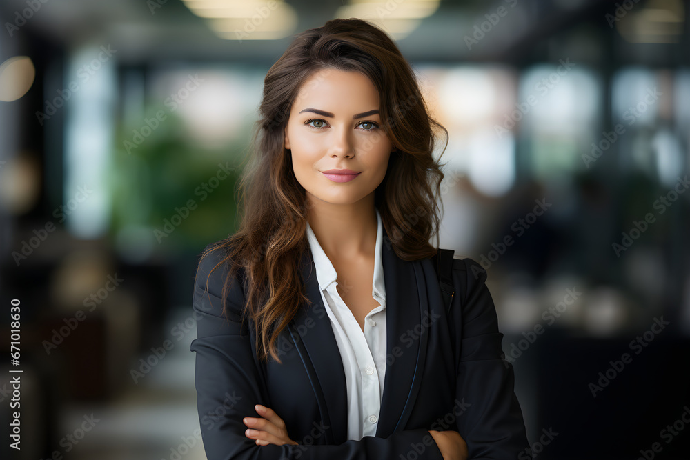 Successful business woman standing with arms crossed inside office, portrayed in a photograph, Successful business woman standing with arms crossed inside office, portrayed in a photograph,