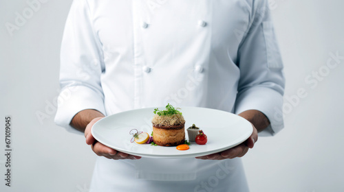 chef holding plate with food, chef with fresh dish prepared