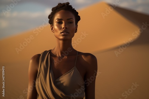 In the expansive desert landscape, a black woman stands amidst the timeless beauty of the sand dunes
