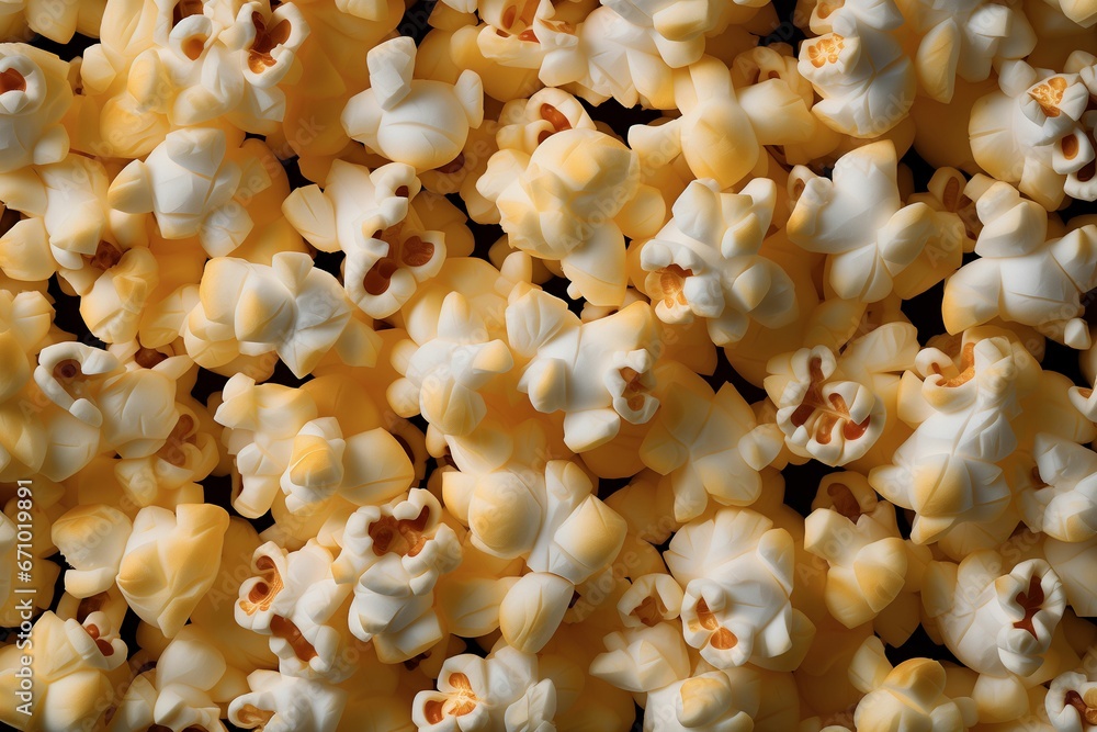 AI illustration of a large heap of yellow popcorn on a table AI illustration of a large heap of yellow popcorn on a table