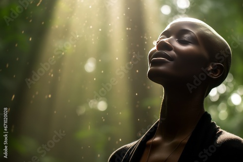 In the heart of the forest, a woman with a black, bald head stands surrounded by the profound depths of nature photo