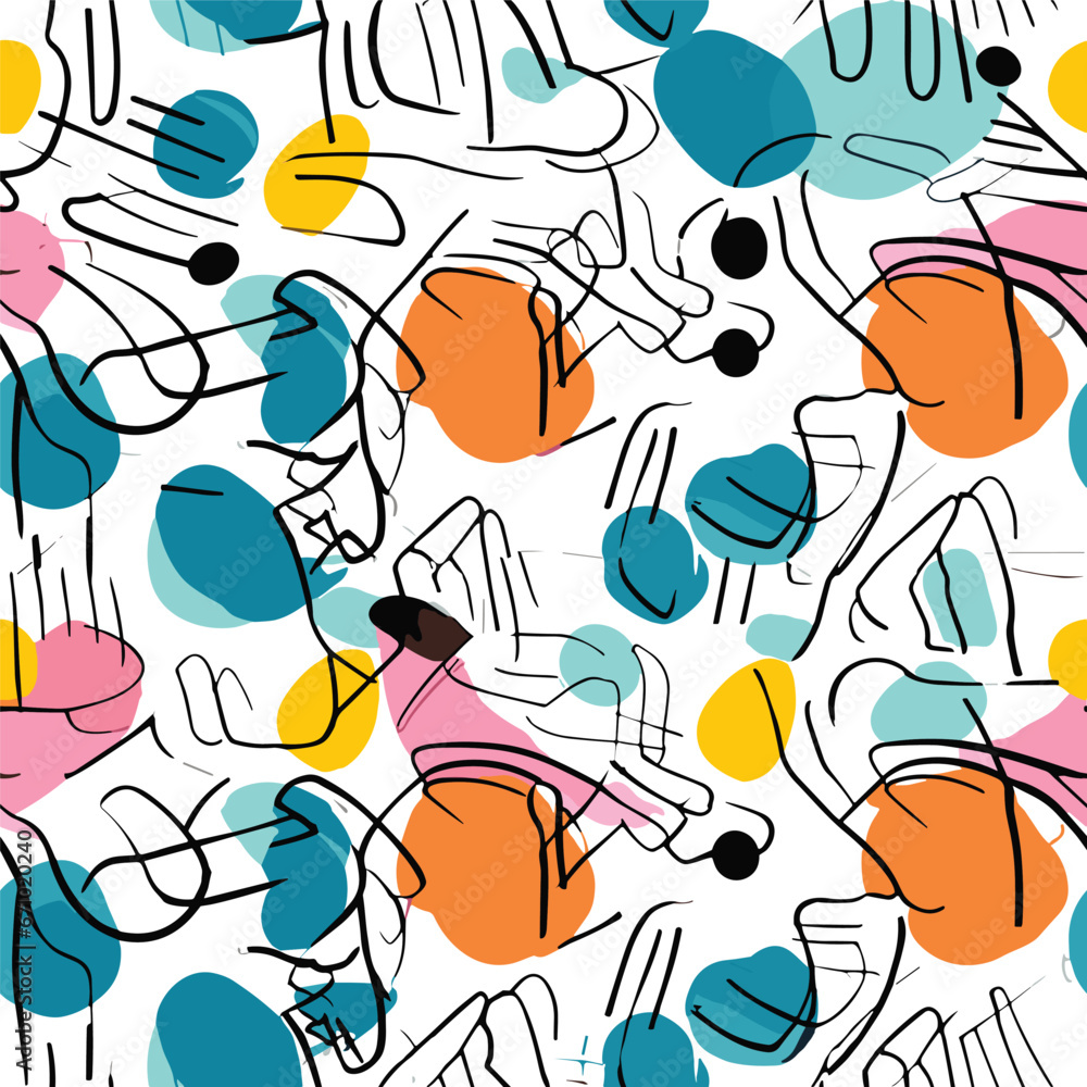 Colorful abstract shapes seamless pattern, doodle line art Colorful abstract shapes seamless pattern, doodle line art