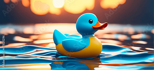 A plastic toy duck floating in the water against a sunse photo