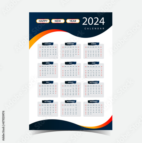 New year calendar for 2024, week start Sunday corporate design planner template. Wall calendar in a minimalist style.