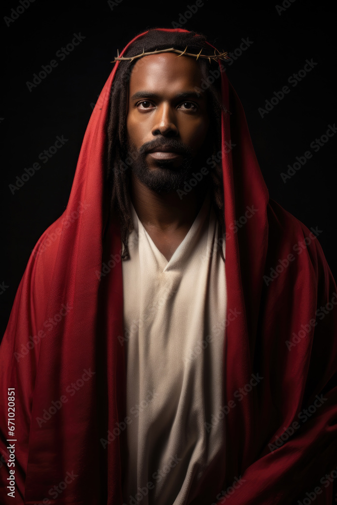 Black Jesus Christ. African american diversity. Red and white robe. Prophet. The Lord. Savior. Crown of thorns. Dark background. Black Jesus Christ. African american diversity. Red and white robe. Prophet. The Lord. Savior. Crown of thorns. Dark background.