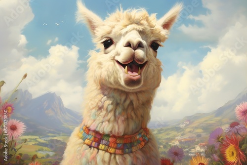Happy little lama illustration. Ai generative. © Tamara