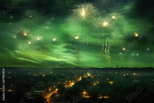 Massive green fireworks in the sky illustration. Ai generative.