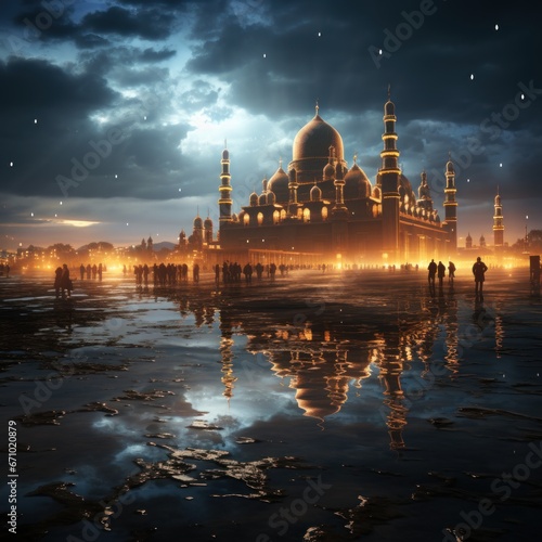Mosque in the morning with a backdrop of the planet moon and clouds accompanying the beauty of the atmosphere, an abstract concept of Islamic religious culture. Ai generative image