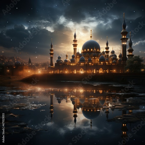 Mosque in the morning with a backdrop of the planet moon and clouds accompanying the beauty of the atmosphere  an abstract concept of Islamic religious culture. Ai generative image