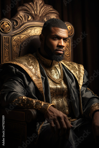 Handsome King. Black, African, Persian, Egyptian royalty. Golden throne. Medieval fantasy. Young prince or king.