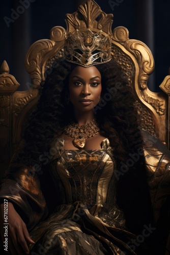 Rise of a black queen. Pretty woman. Long curly black hair. Gold crown. 