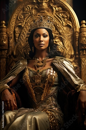 Pretty Egyptian royalty black queen on a golden throne. 