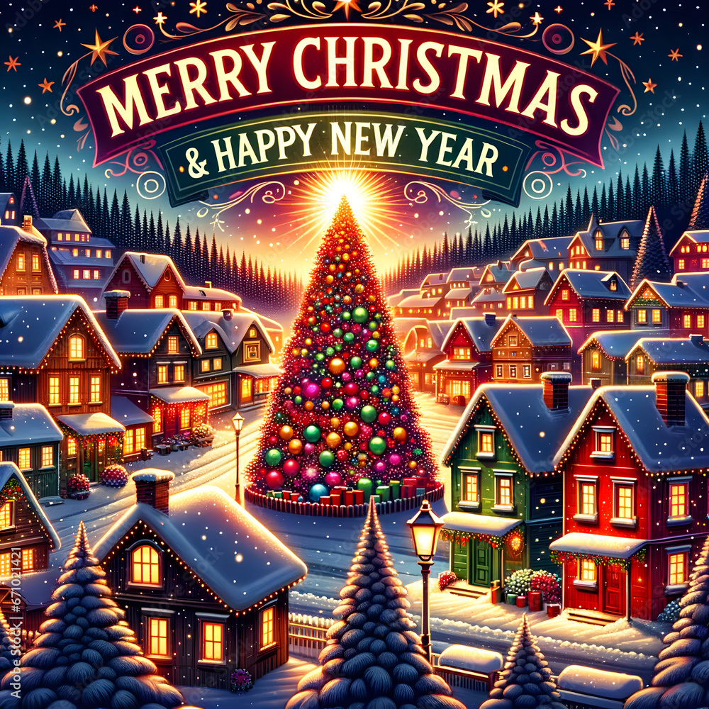 Merry Christmas and Happy New Year, Vibrant Snowy Village with Decorated Tree