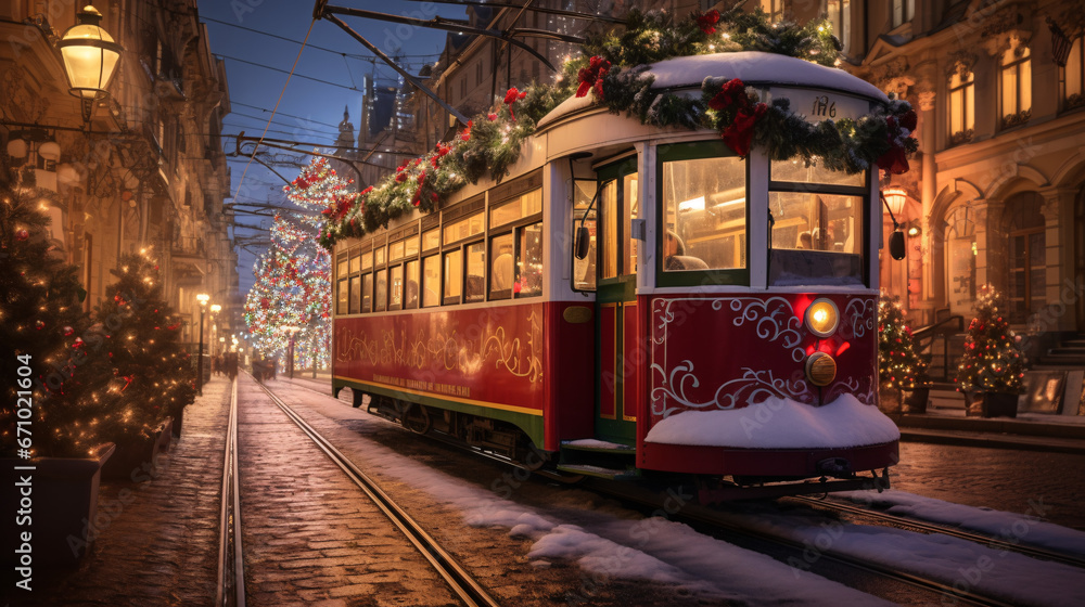 European tram decorated for Christmas