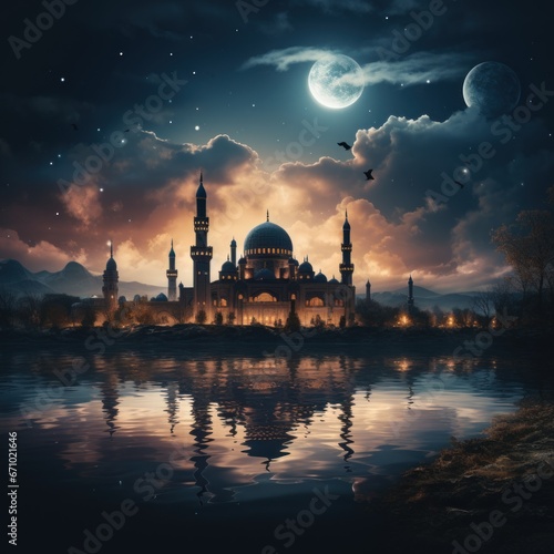 Mosque in the morning with a backdrop of the planet moon and clouds accompanying the beauty of the atmosphere  an abstract concept of Islamic religious culture. Ai generative image