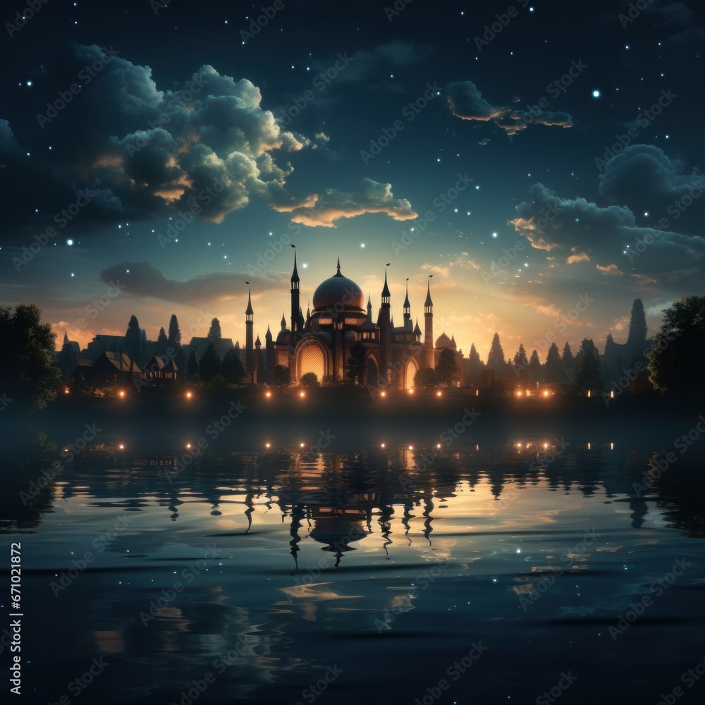 Mosque in the morning with a backdrop of the planet moon and clouds accompanying the beauty of the atmosphere, an abstract concept of Islamic religious culture. Ai generative image
