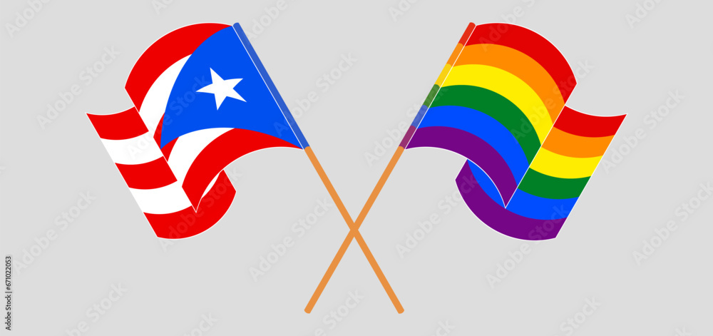 Crossed and waving flags of Puerto Rico and LGBTQ