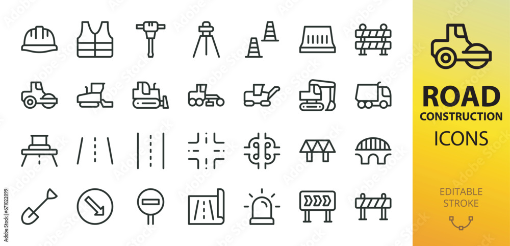 Road construction isolated icons set. Set of traffic cone, road barrier, paver, bulldozer, road junction, bridge, graver, asphalt roller vector icon with editable stroke - obrazy, fototapety, plakaty 
