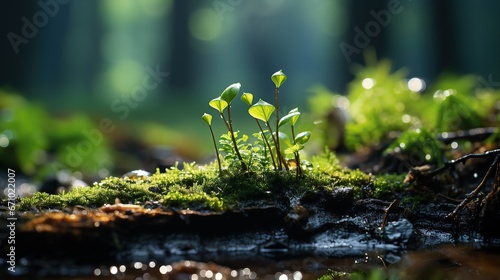 A seeds growing from the green moss in the forest.