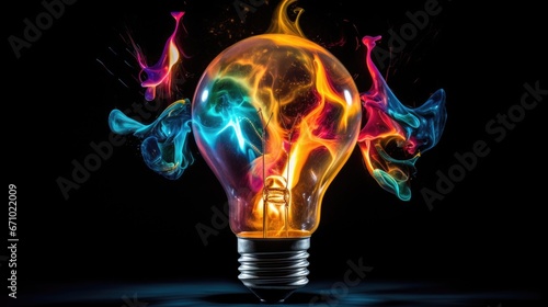 Creative light bulb explodes with colorful paint smoke on a black background