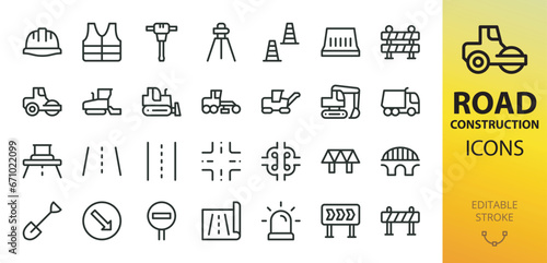 Road construction isolated icons set. Set of traffic cone, road barrier, paver, bulldozer, road junction, bridge, graver, asphalt roller vector icon with editable stroke
