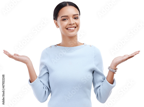 Smile, doubt and portrait of woman shrugging for a positive decision, choice or question. Face, emoji and happy female model with dont know or unsure expression isolated by transparent png background photo