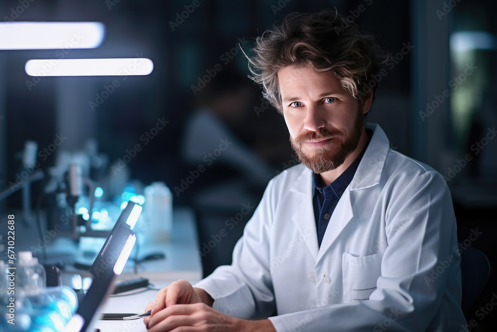 Young successful male worker of scientific laboratory in whitecoat and eyeglasses standing by glass wall inside office in front of camera Young successful male worker of scientific laboratory in whitecoat and eyeglasses standing by glass wall inside office in front of camera