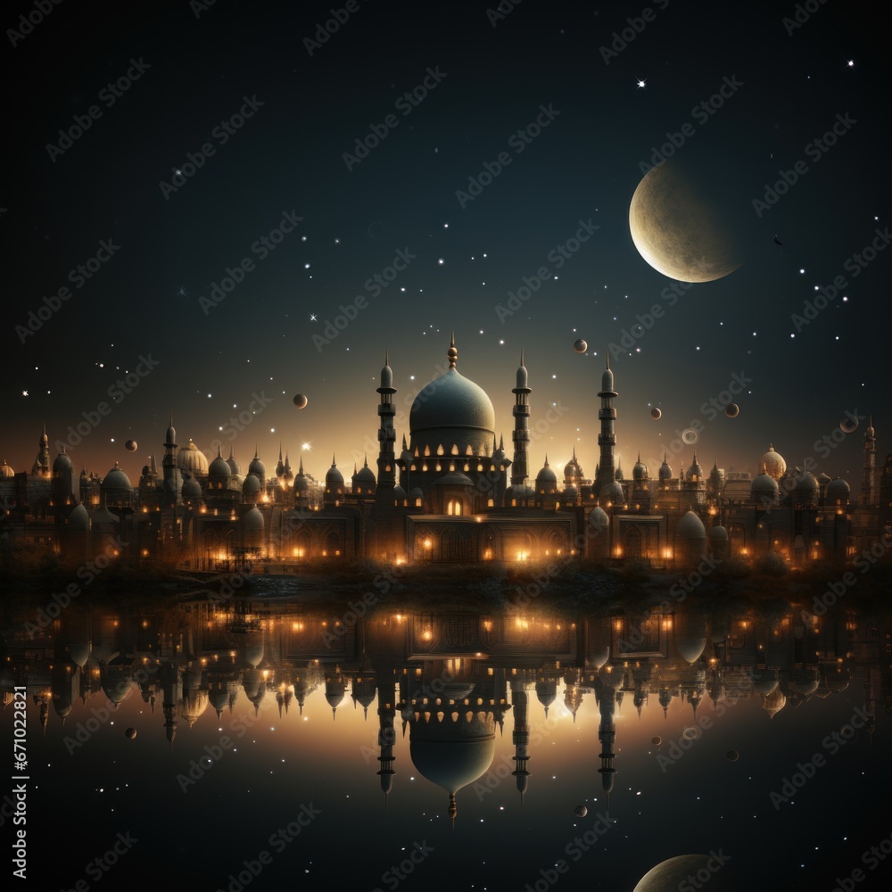 Mosque in the morning with a backdrop of the planet moon and clouds accompanying the beauty of the atmosphere, an abstract concept of Islamic religious culture. Ai generative image
