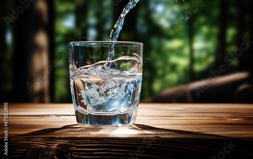 A glass of drinking water and splash on a wooden table. Green woods background. Nature organic and healthy food concept.
