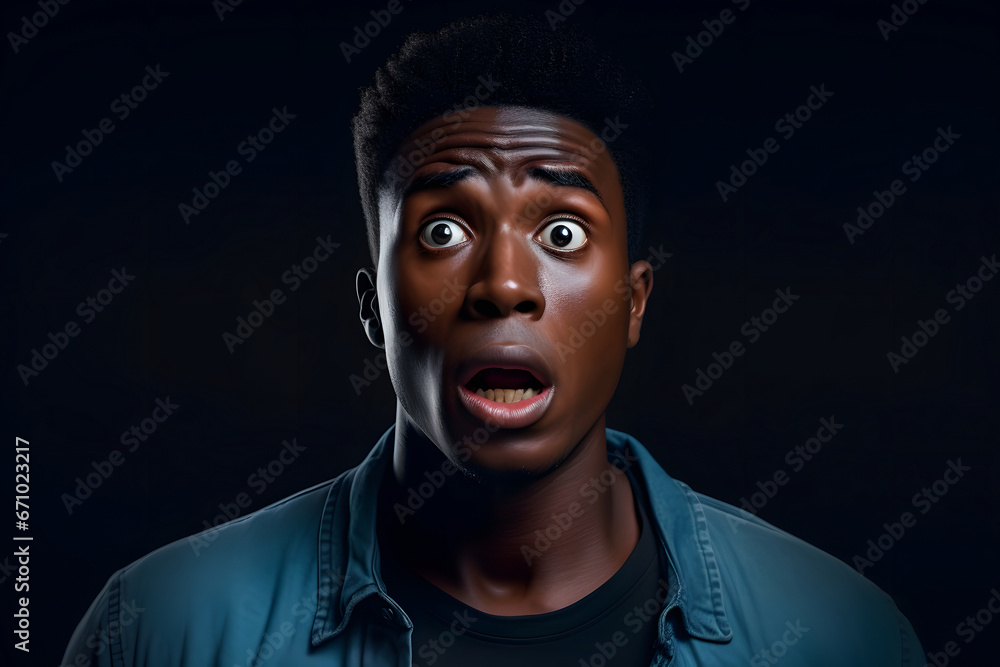 surprised and scared African American man, head and shoulders portrait on black background. Neural network generated image. Not based on any actual person or scene.
