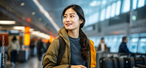 Anticipating Takeoff: Young Asian Woman Checks Phone at Airport