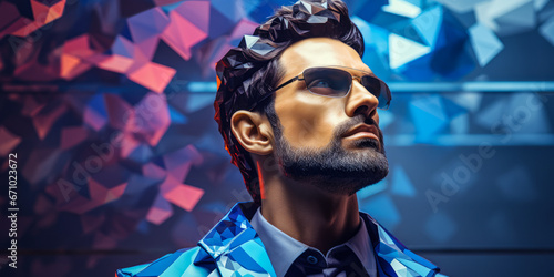 Human and Technology Fusion: Low-Poly Man Against Blue Tech Background