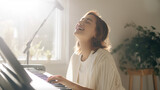 Young woman at home playing the piano and singing. Hobby, vocal and musicianship, piano lessons for adults. 