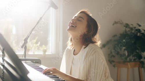 Young woman at home playing the piano and singing. Hobby, vocal and musicianship, piano lessons for adults.  photo