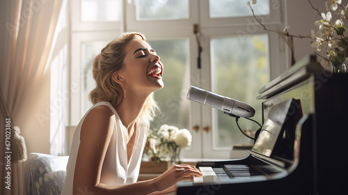 Young woman at home playing the piano and singing. Hobby, vocal and musicianship, piano lessons for adults. 